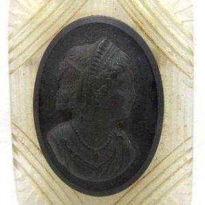 Antique Victorian Carved Jet and Celluloid Mourning Cameo Brooch